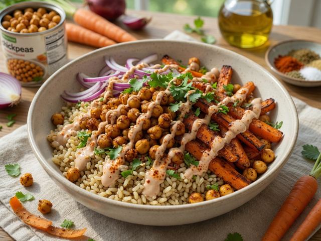 Cumin-Roasted Chickpea & Carrot Shawarma Bowl with Tahini-Harissa Drizzle
