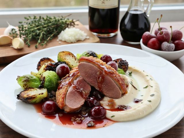 Crispy Duck Breast with Cherry-Port Pan Sauce, Roasted Brussels Sprouts & Celery Root Purée