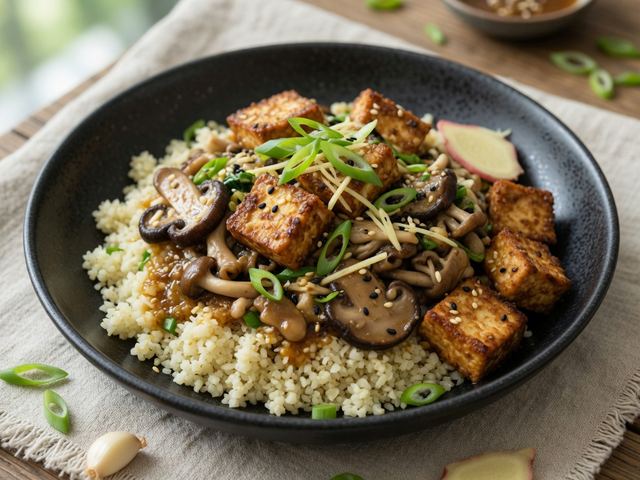 Crispy Tofu & Mushroom Stir-Fry with Ginger-Scallion Sauce over Cauliflower Rice
