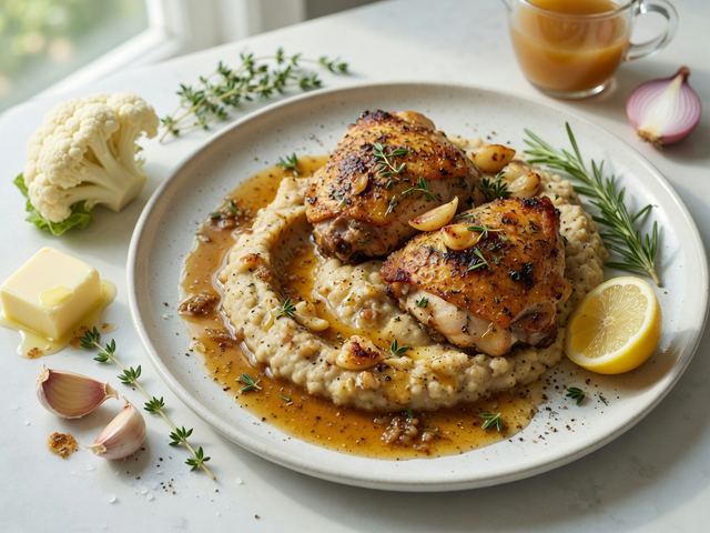 Seared Garlic-Herb Chicken Thighs with Brown Butter Cauliflower Mash & Pan Sauce