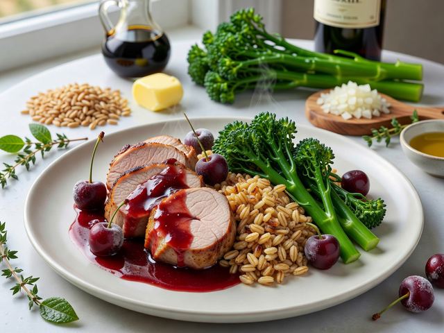 Seared Pork Tenderloin with Cherry-Port Pan Sauce, Brown-Butter Farro & Broccolini