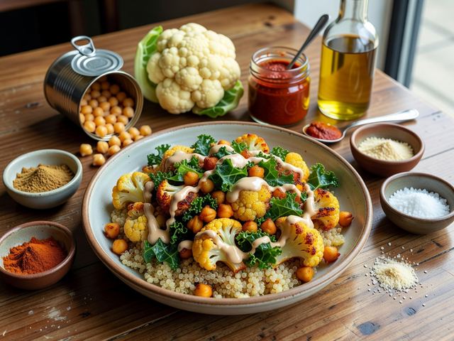 Crispy Chickpea & Harissa Roasted Cauliflower Bowl with Tahini Date Sauce