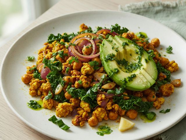 Turmeric-Spiced Chickpea Scramble with Avocado & Herb Oil