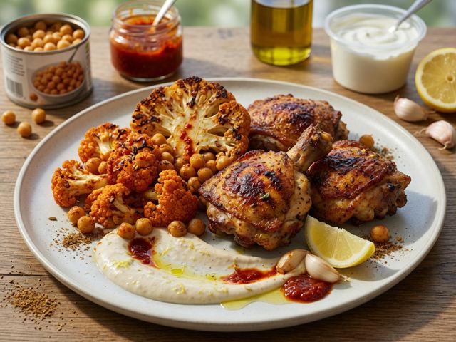 Crispy Chicken Thighs with Harissa-Spiced Cauliflower, Chickpeas & Tahini Yogurt