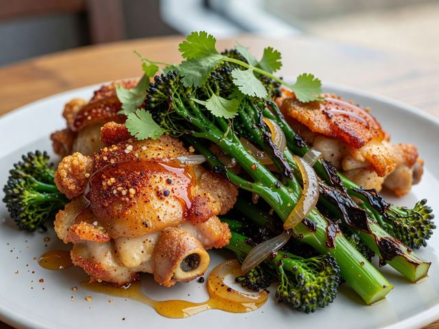 Crispy Five-Spice Chicken Thighs with Charred Broccolini & Brand Name Hot Honey