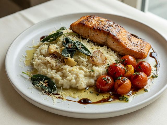 Pan-Seared Salmon with Brown-Butter Sage Cauliflower Risotto & Balsamic Burst Tomatoes