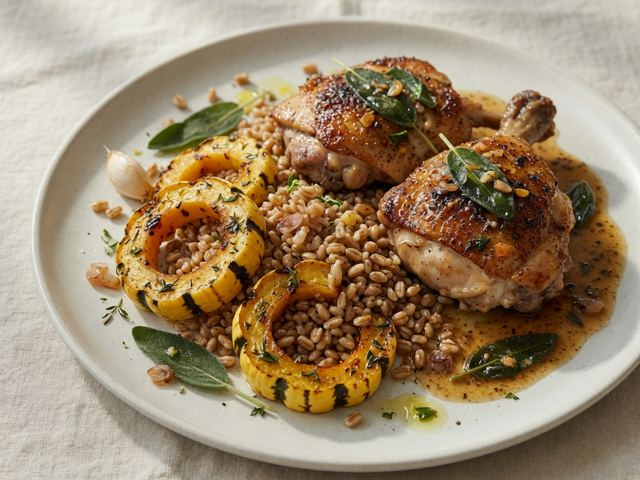 Seared Chicken Thighs with Brown Butter Sage Pan Sauce, Roasted Delicata Squash & Farro Pilaf