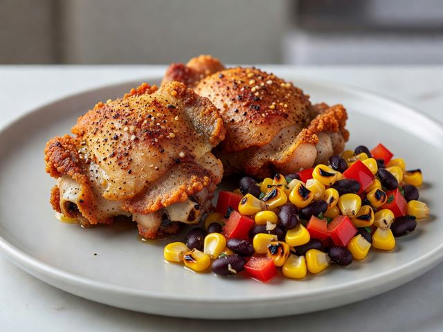 Crispy Cumin Chicken Thighs with Charred Corn & Black Bean Salsa