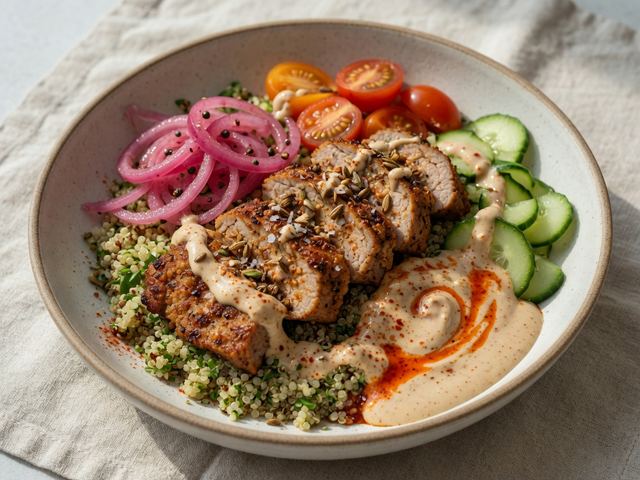 Crispy Cumin Pork Tenderloin Bowl with Pickled Red Onion & Tahini-Harissa Sauce