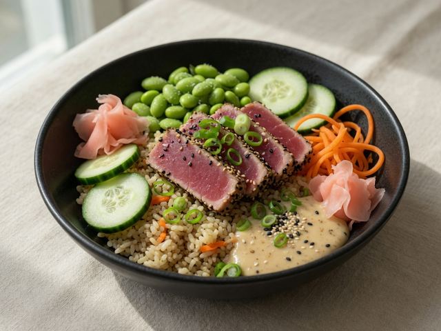 Seared Ahi Tuna Bowl with Pickled Ginger, Edamame & Miso-Sesame Dressing