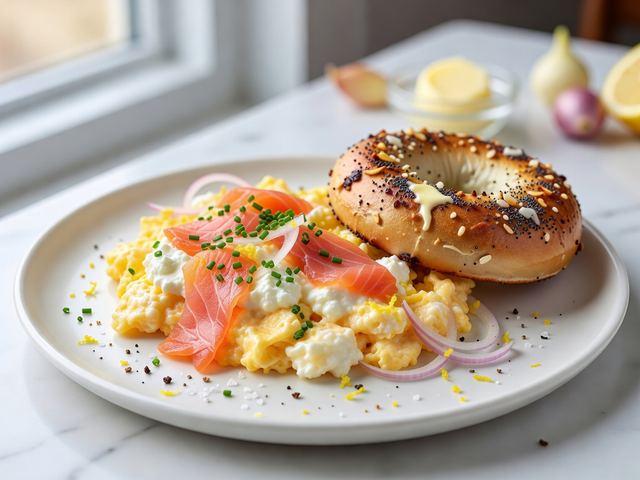 Smoked Salmon & Chive Ricotta Scramble with Toasted Everything Bagel