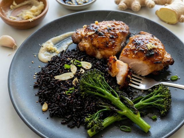 Miso-Glazed Chicken Thighs with Charred Broccolini & Black Rice