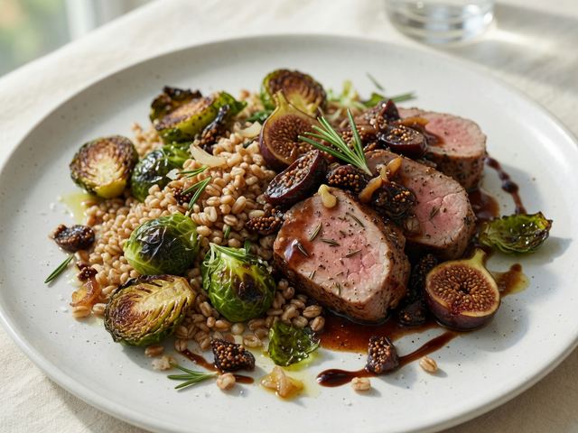 Pan-Seared Pork Tenderloin with Balsamic Fig Pan Sauce, Roasted Brussels & Farro Pilaf