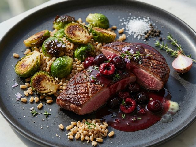 Seared Duck Breast with Cherry-Port Pan Sauce, Roasted Brussels & Farro Pilaf