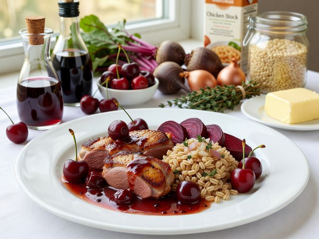 Seared Duck Breast with Cherry-Port Pan Sauce, Roasted Baby Beets & Farro Pilaf