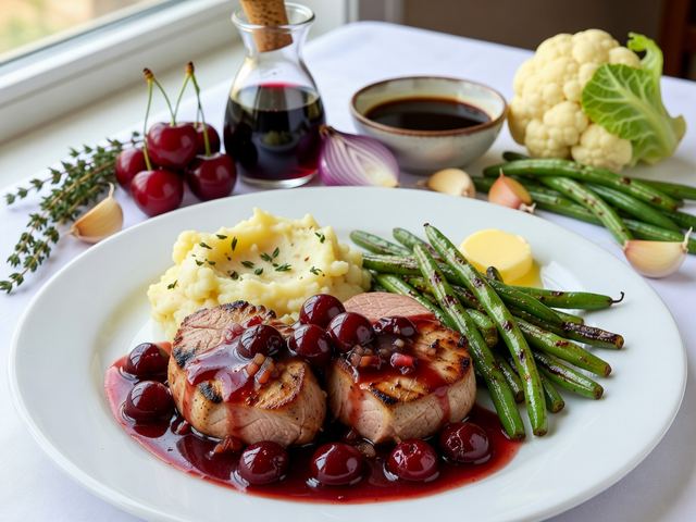 Seared Pork Tenderloin with Cherry-Port Pan Sauce, Garlic Mashed Cauliflower & Brown Butter Green Beans