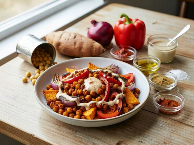 Crispy Harissa Chickpea & Roasted Vegetable Bowl with Tahini Harissa Sauce