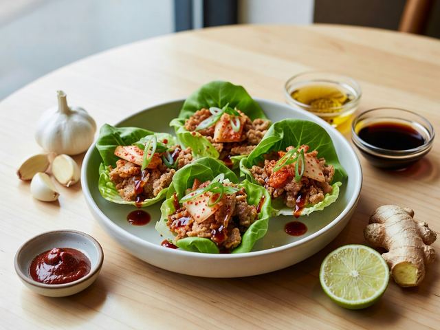 Crispy Pork & Kimchi Lettuce Cups with Gochujang-Lime Sauce