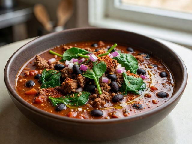 One-Pot Beef & Bean Chili with Spinach