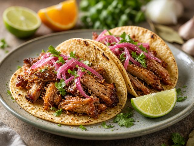 Braised Pork Carnitas Tacos with Pickled Onions
