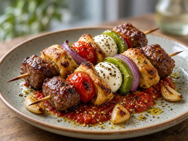 Charred Sausage Pizza Skewer Stacks