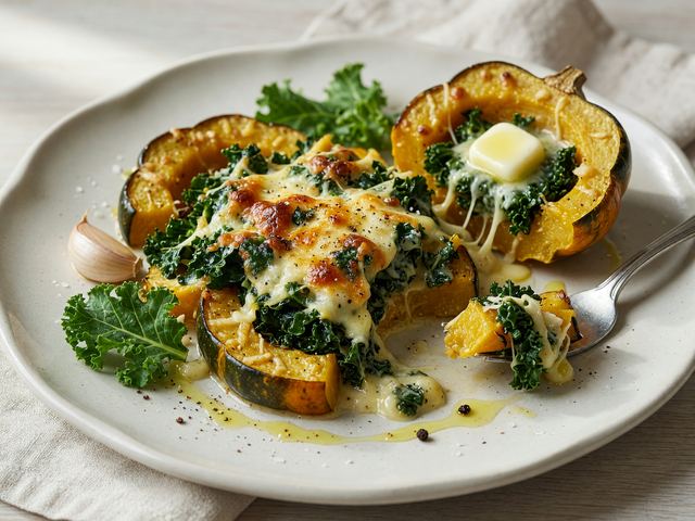 Cheesy Acorn Squash Kale Gratin
