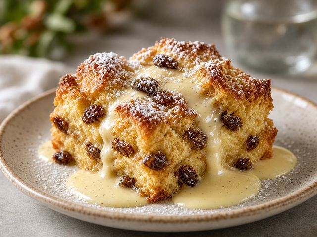 Cinnamon Raisin Bread Pudding with Vanilla Sauce
