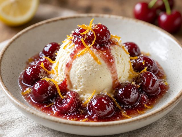 Classic Cherries Jubilee over Vanilla Ice Cream