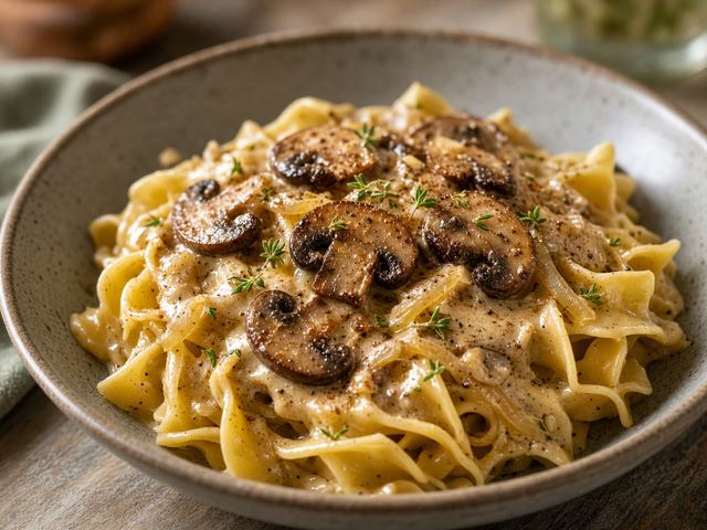 Creamy Mushroom Stroganoff on Wide Noodles