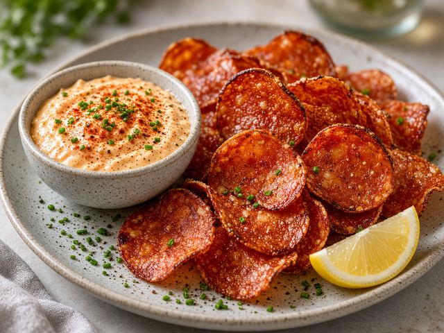 Crispy Pepperoni Chips with Spicy Dip