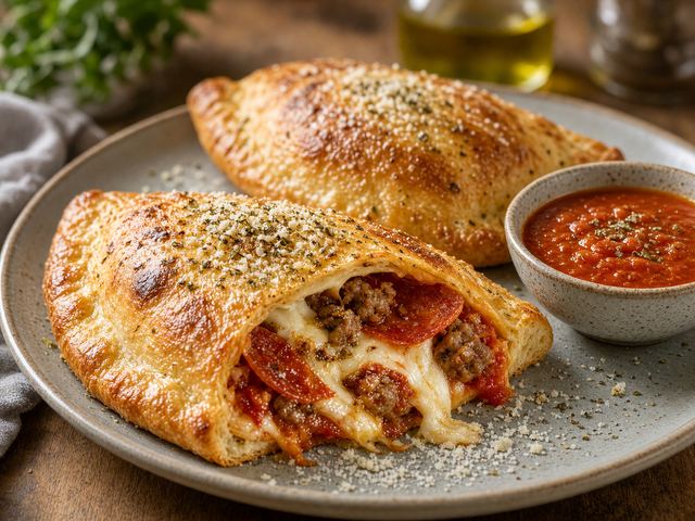 Folded Sausage Pizza Calzones with Warm Marinara