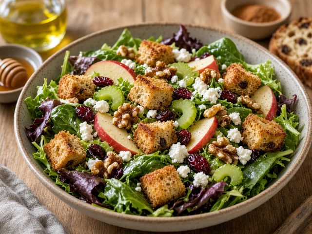 Harvest Greens with Crispy Cinnamon Raisin Croutons