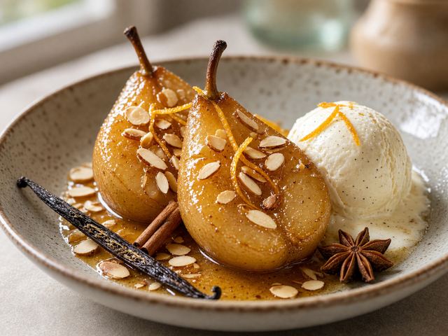 Mulled Cider Poached Pears with Vanilla