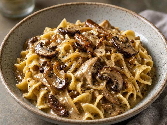Mushroom Stroganoff over Wide Noodles