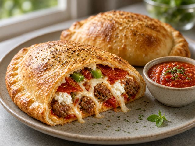 Sausage Pizza Calzones with Marinara Dip
