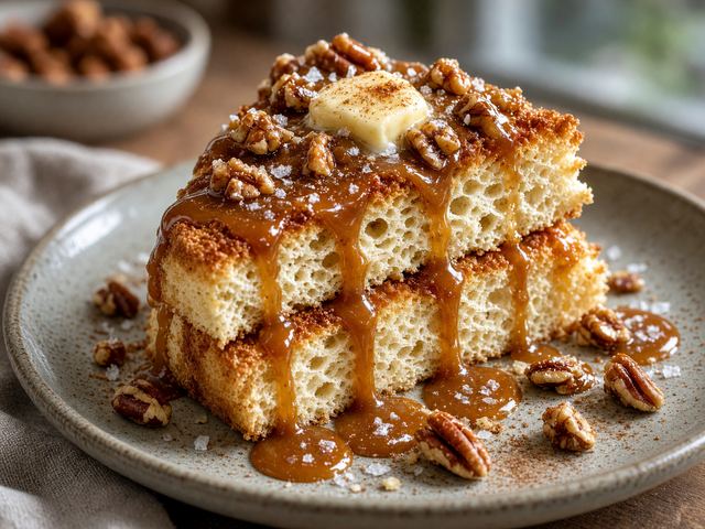Toasted Angel Food Cake with Warm Caramel Drizzle
