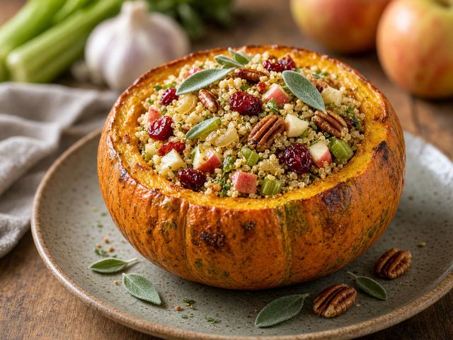 Baked Pumpkin Stuffed with Apple Quinoa