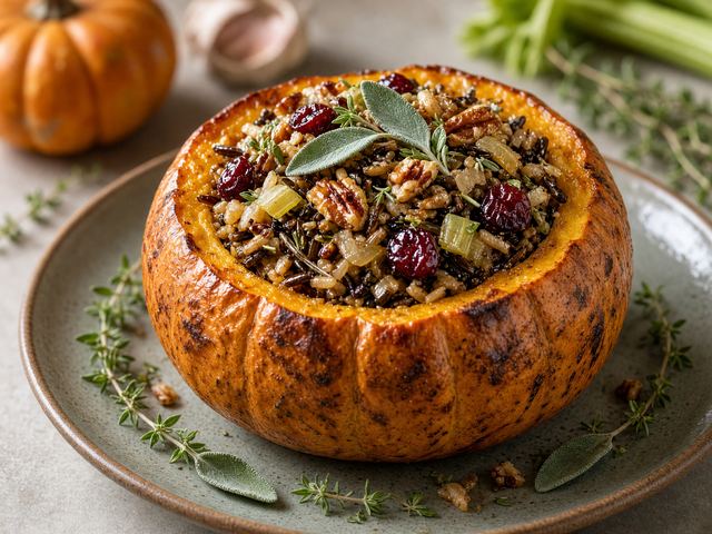 Baked Pumpkin Stuffed with Wild Rice