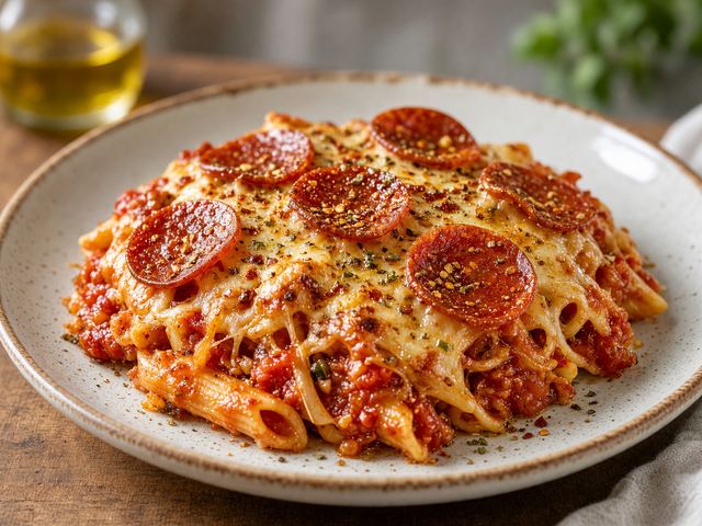 Cheesy Spicy Pepperoni Pasta Casserole
