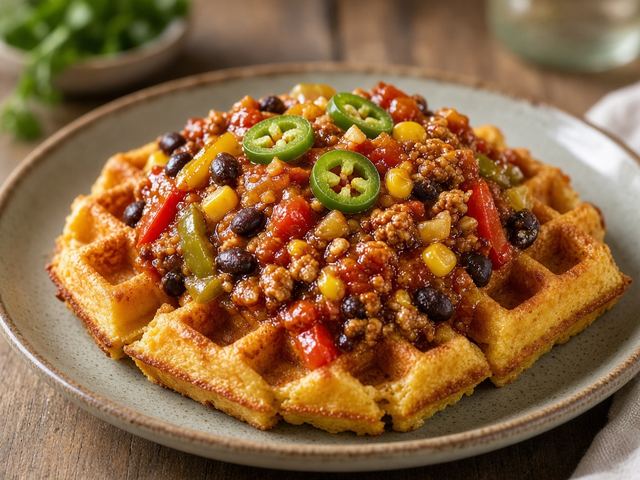 Corn & Pepper Chili over Cornbread Waffles