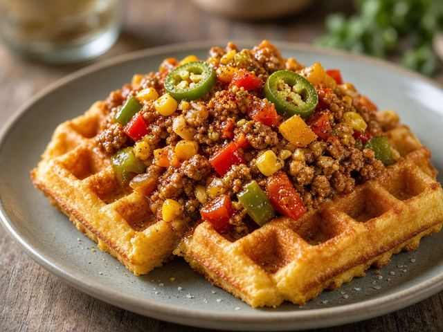 Corn & Pepper Chili over Cornbread Waffles