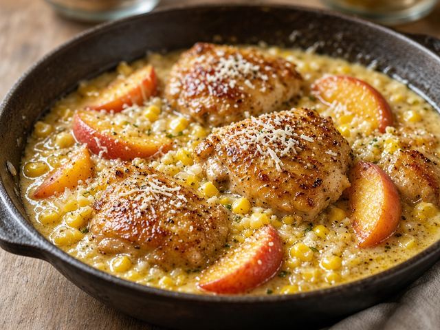 Creamed Corn & Peach Chicken Skillet