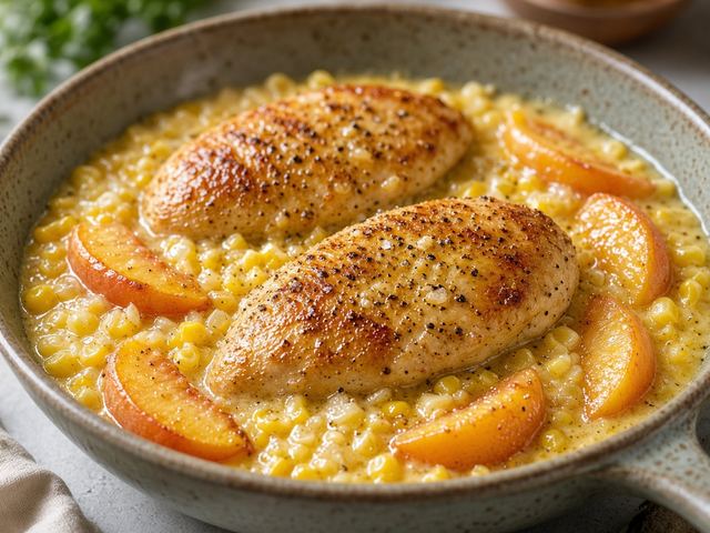 Creamed Corn & Peach Chicken Skillet