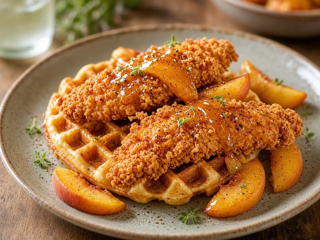 Crispy Chicken & Waffles with Peach Syrup