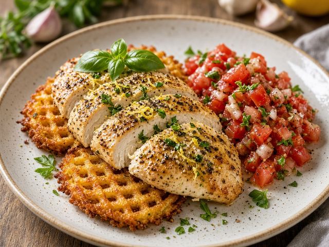 Herb Chicken with Waffle Latkes & Tomato Salsa