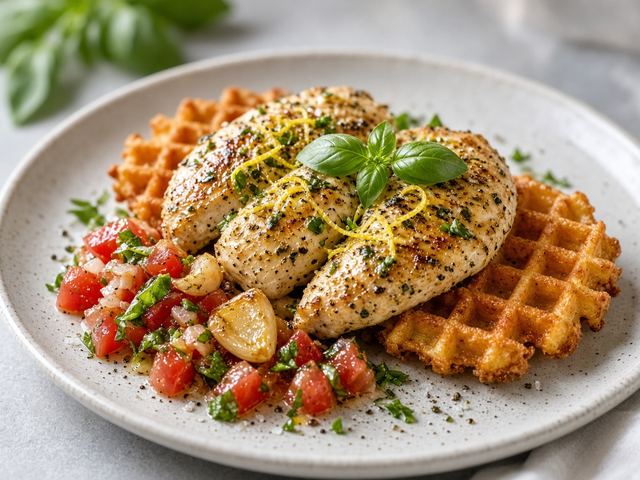 Herb Chicken with Waffle Latkes & Tomato Salsa