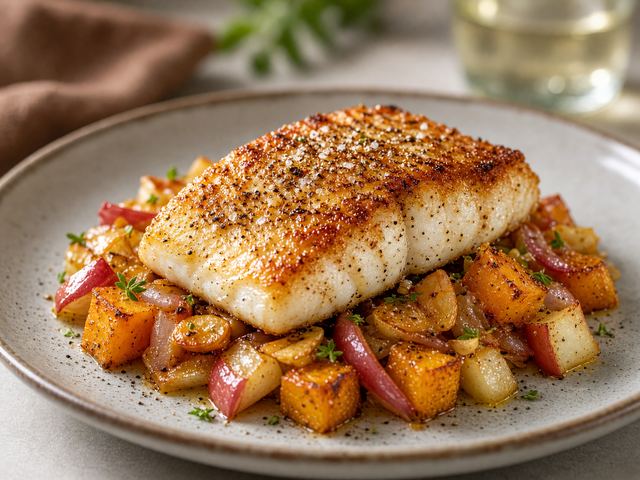 Pan Seared Fish with Squash Apple Hash