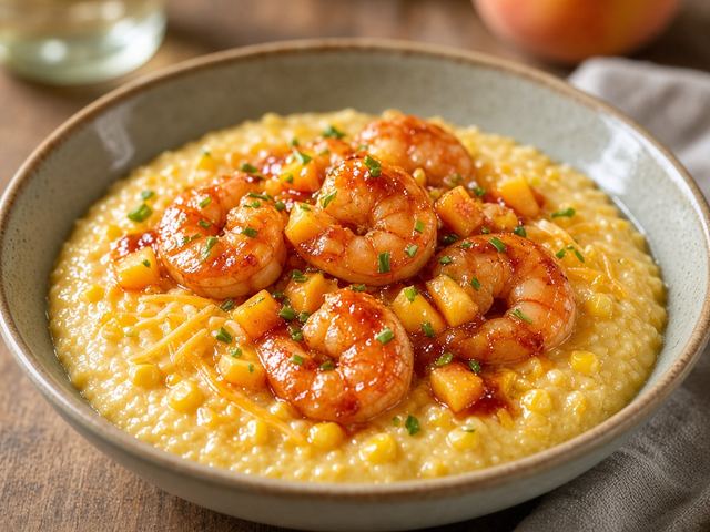 Peach BBQ Shrimp with Fresh Corn Grits