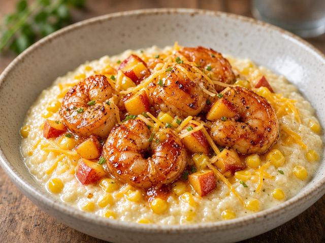 Peach BBQ Shrimp with Fresh Corn Grits