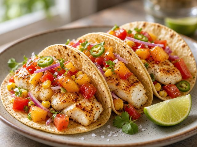 Peach & Pepper Salsa Fish Tacos